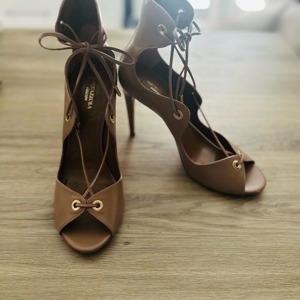 Aquazzura Brown Lace-Up Peep-Toe Stiletto Heels